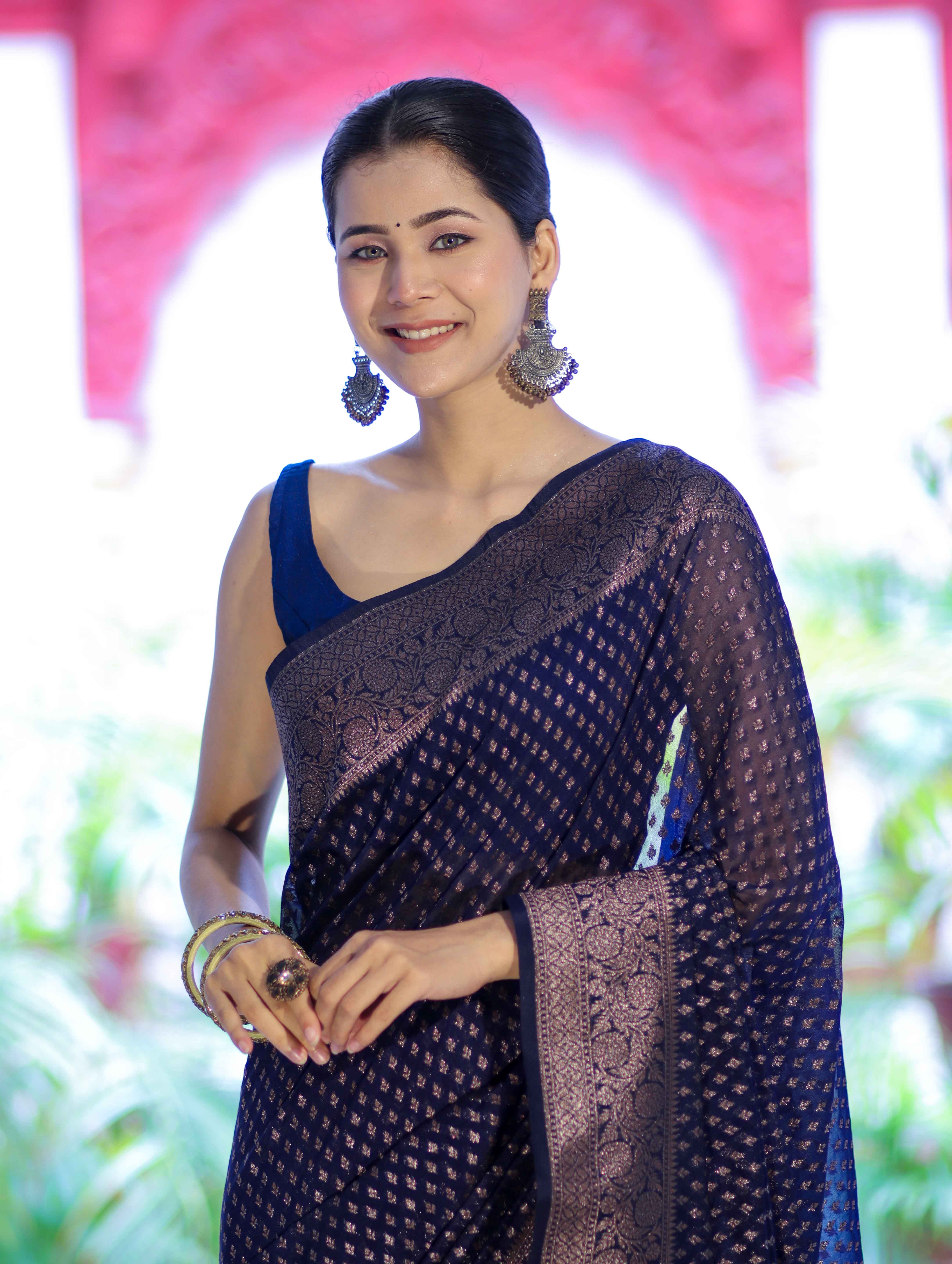 Banarasee Semi-Chiffon Saree With Antique Gold Zari Work-Blue