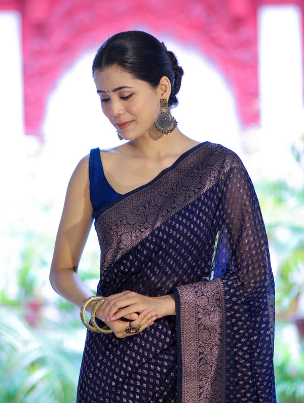 Banarasee Semi-Chiffon Saree With Antique Gold Zari Work-Blue