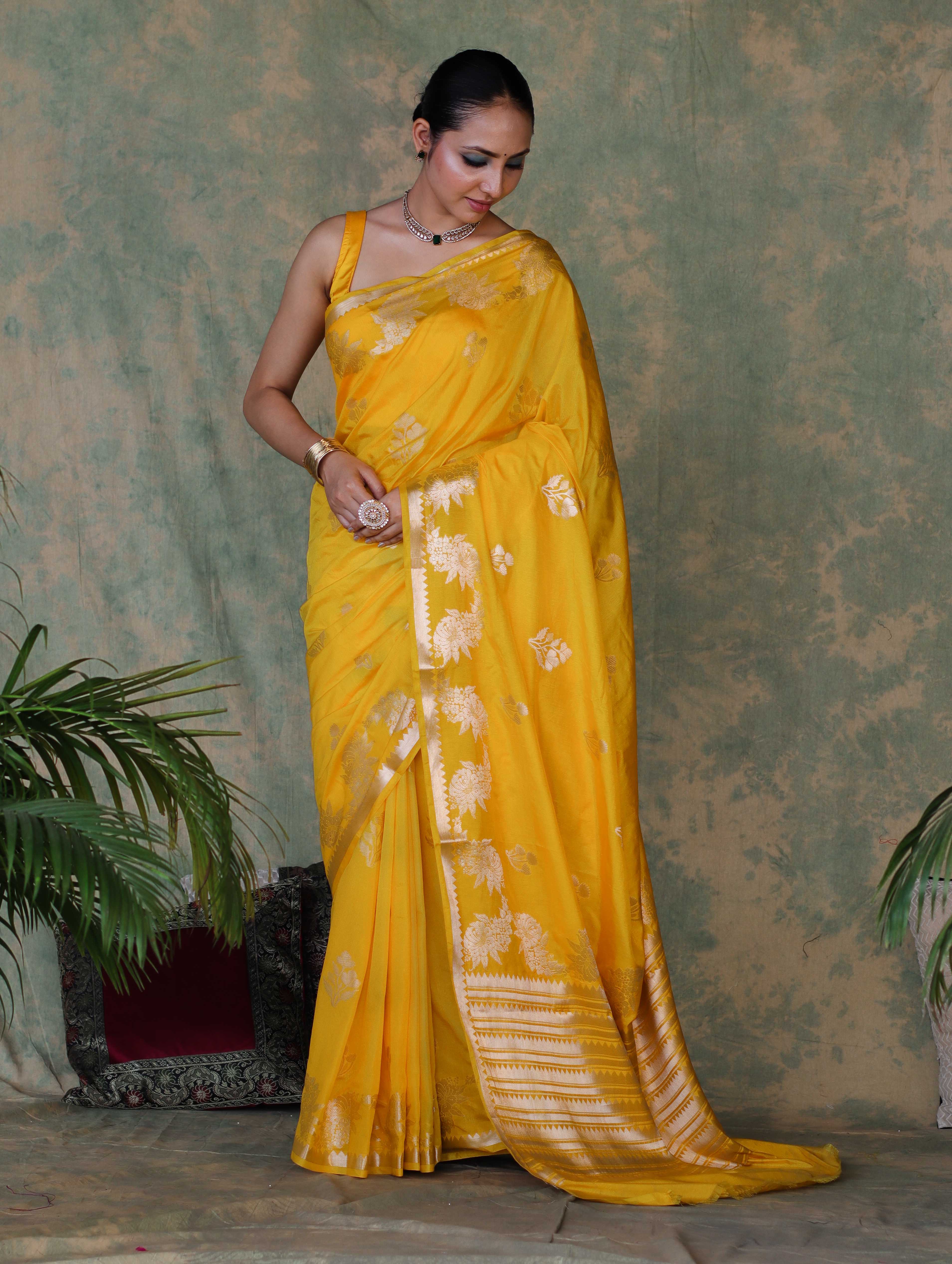 Banarasee Handloom Semi Silk Saree With Sona Rupa Zari Buta Design & Border-Yellow