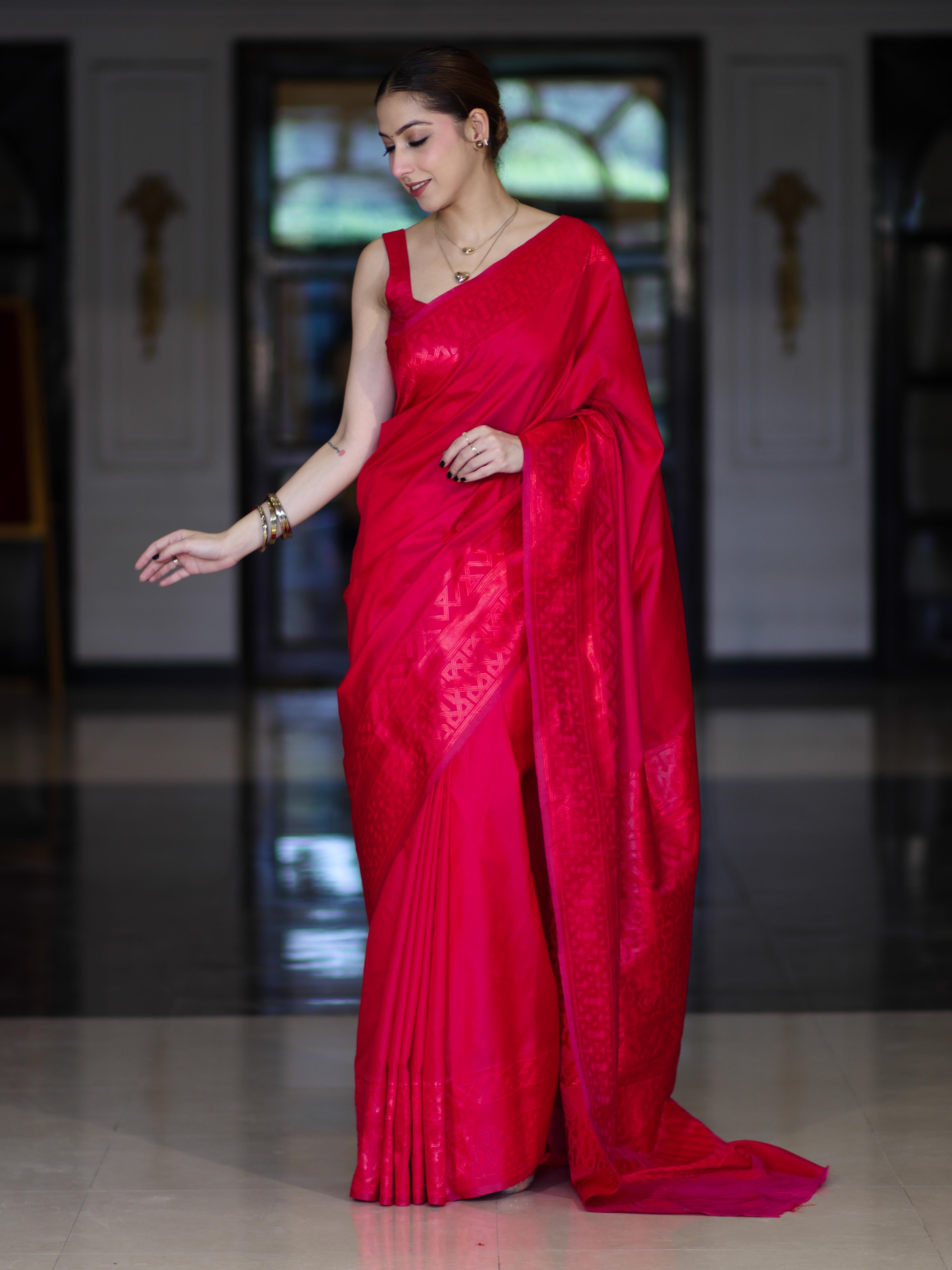Banarasee Dual Tone Semi Katan Saree With Self Weaving Resham Border-Pink (Red Tone)