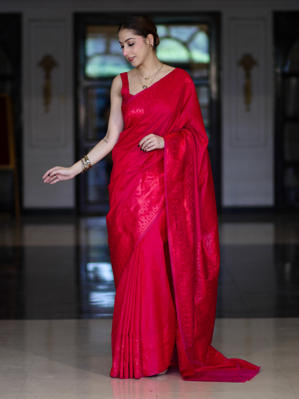 Banarasee Dual Tone Semi Katan Saree With Self Weaving Resham Border-Pink (Red Tone)