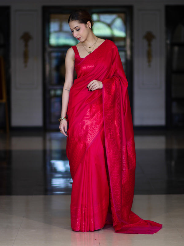 Banarasee Dual Tone Semi Katan Saree With Self Weaving Resham Border-Pink (Red Tone)