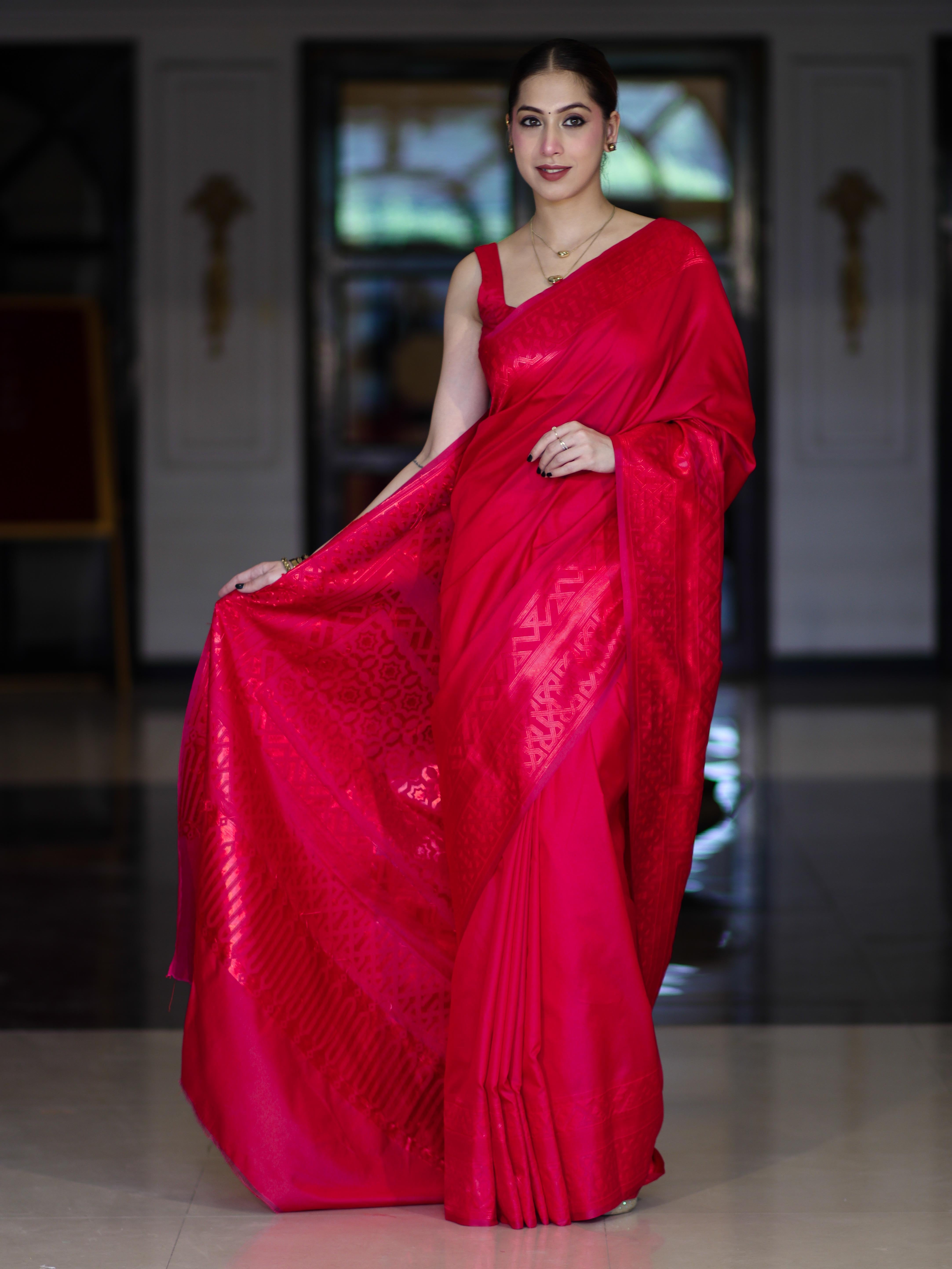 Banarasee Dual Tone Semi Katan Saree With Self Weaving Resham Border-Pink (Red Tone)