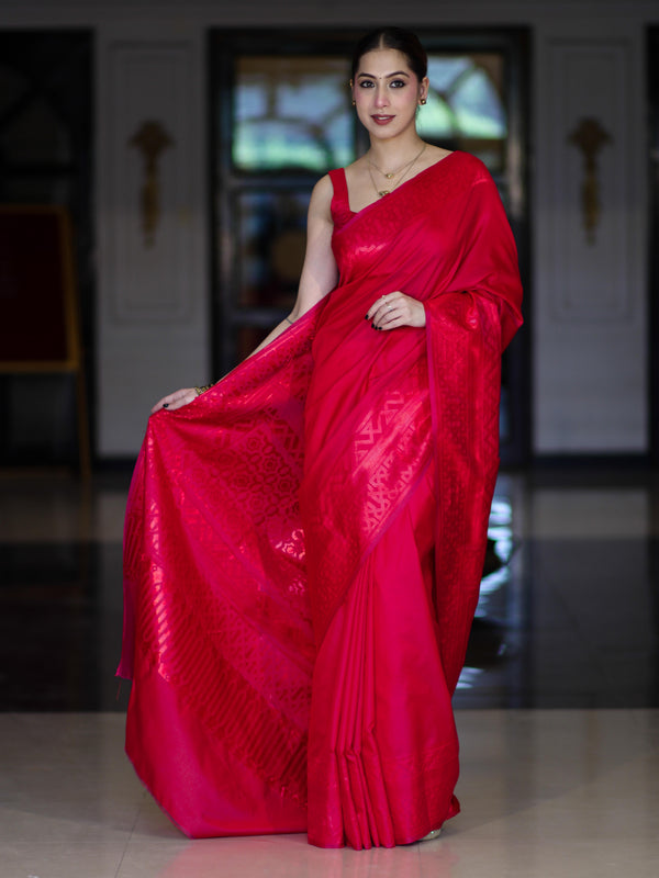 Banarasee Dual Tone Semi Katan Saree With Self Weaving Resham Border-Pink (Red Tone)