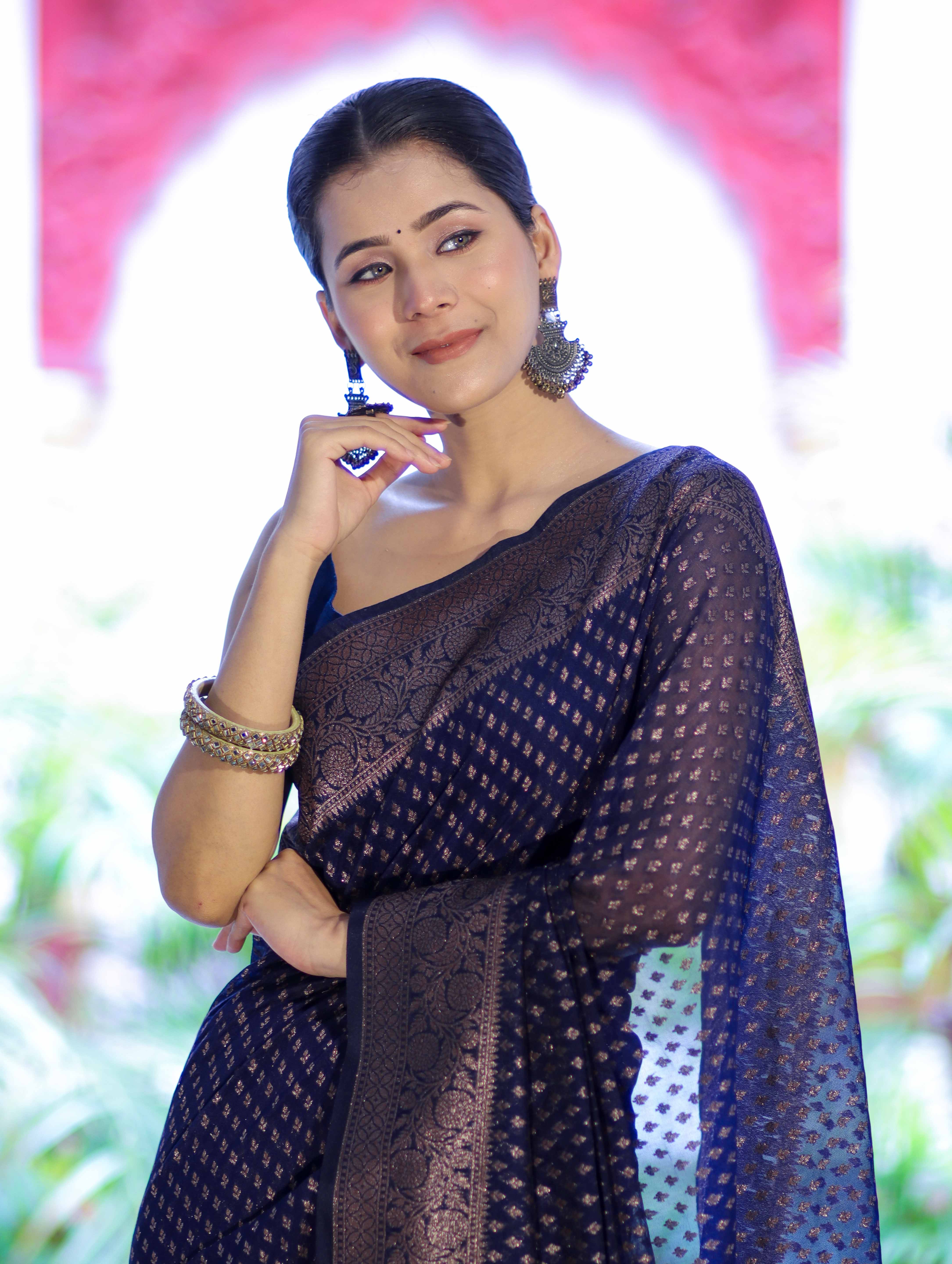 Banarasee Semi-Chiffon Saree With Antique Gold Zari Work-Blue