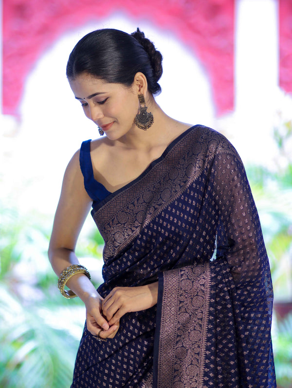Banarasee Semi-Chiffon Saree With Antique Gold Zari Work-Blue