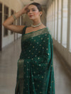 Banarasee Handwoven Semi Silk Saree With Zari Buti Design-Green