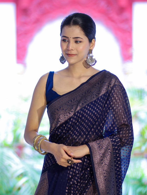 Banarasee Semi-Chiffon Saree With Antique Gold Zari Work-Blue