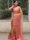 Banarasee Handwoven Plain Tissue Saree With Contrast Floral Border-Gold & Pink
