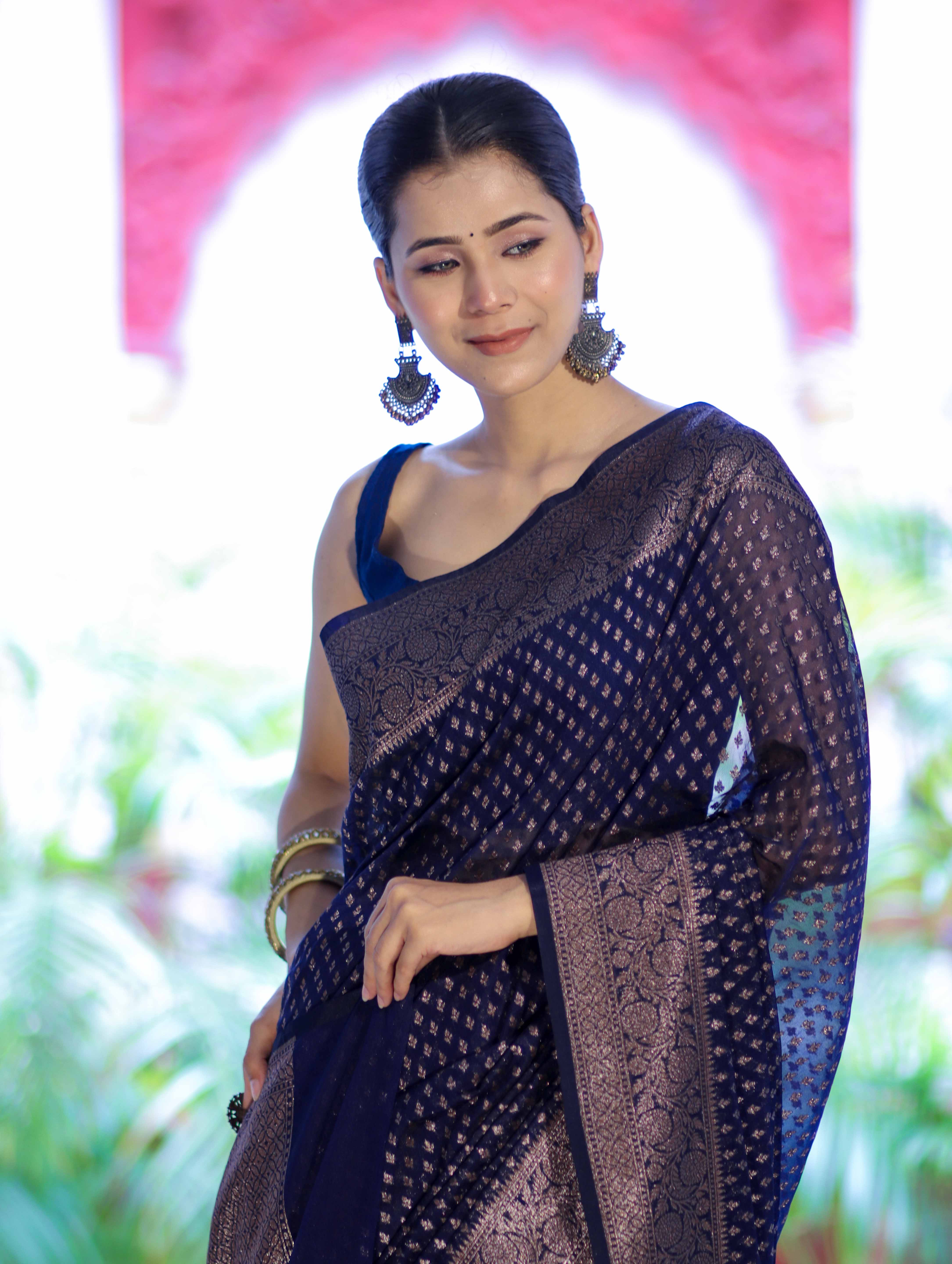 Banarasee Semi-Chiffon Saree With Antique Gold Zari Work-Blue