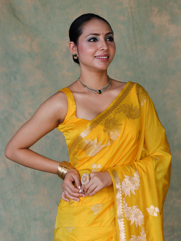 Banarasee Handloom Semi Silk Saree With Sona Rupa Zari Buta Design & Border-Yellow