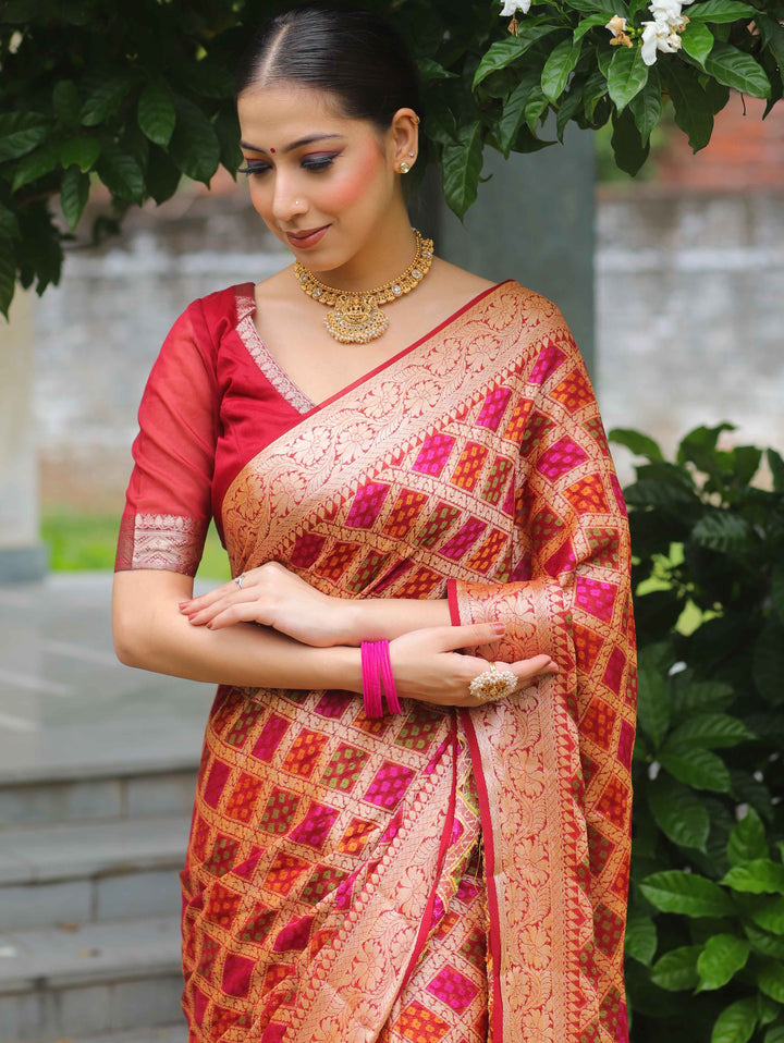 Maroon Paper Silk Floral and Paisley Resham & Zari Woven Saree