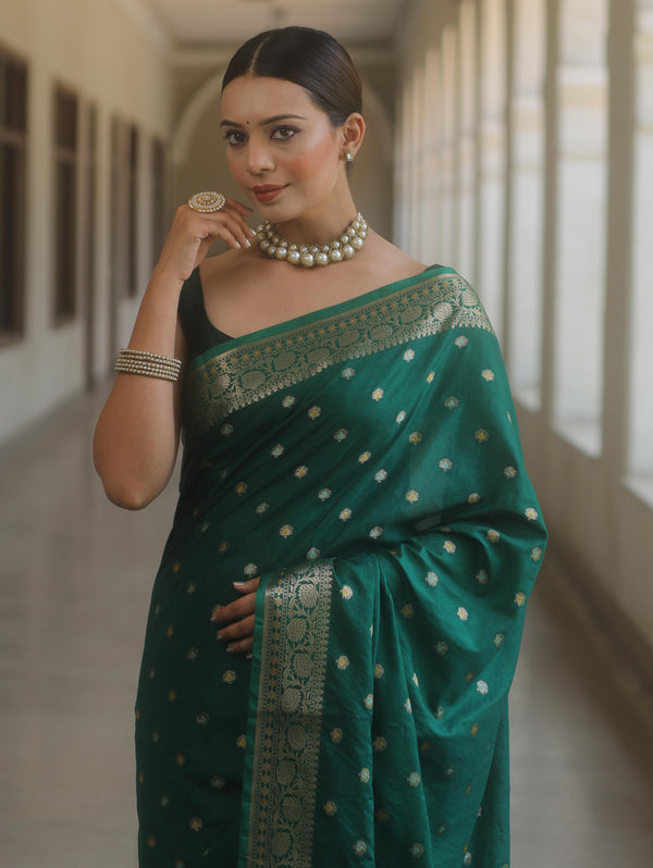Banarasee Handwoven Semi Silk Saree With Zari Buti Design-Green