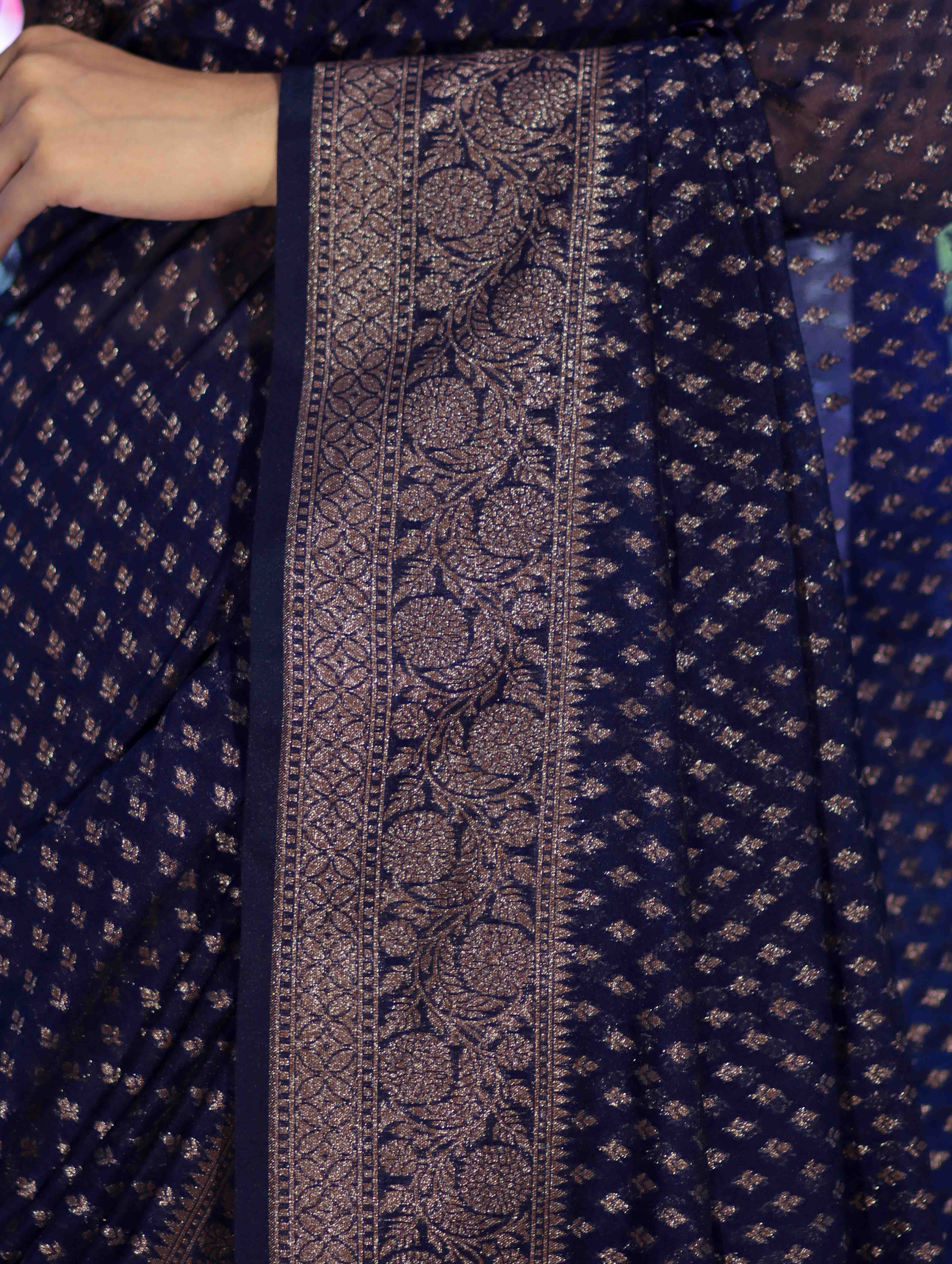 Banarasee Semi-Chiffon Saree With Antique Gold Zari Work-Blue