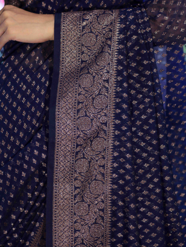 Banarasee Semi-Chiffon Saree With Antique Gold Zari Work-Blue