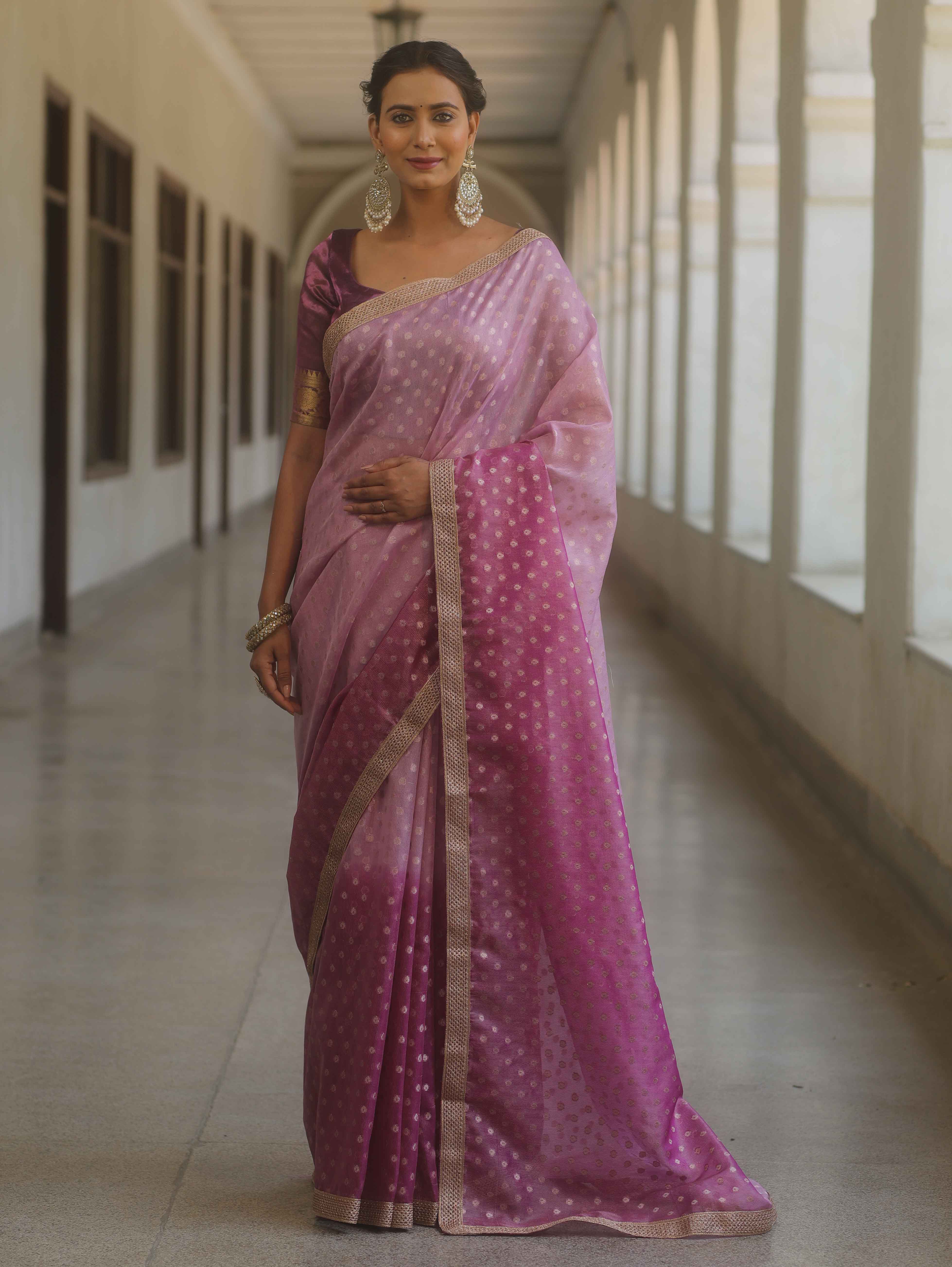 Banarasee Handwoven Tissue Dual Color Saree With Zari Buta & Lace-Purple