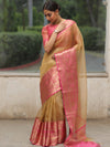 Banarasee Handwoven Plain Tissue Saree With Contrast Floral Border-Gold & Pink