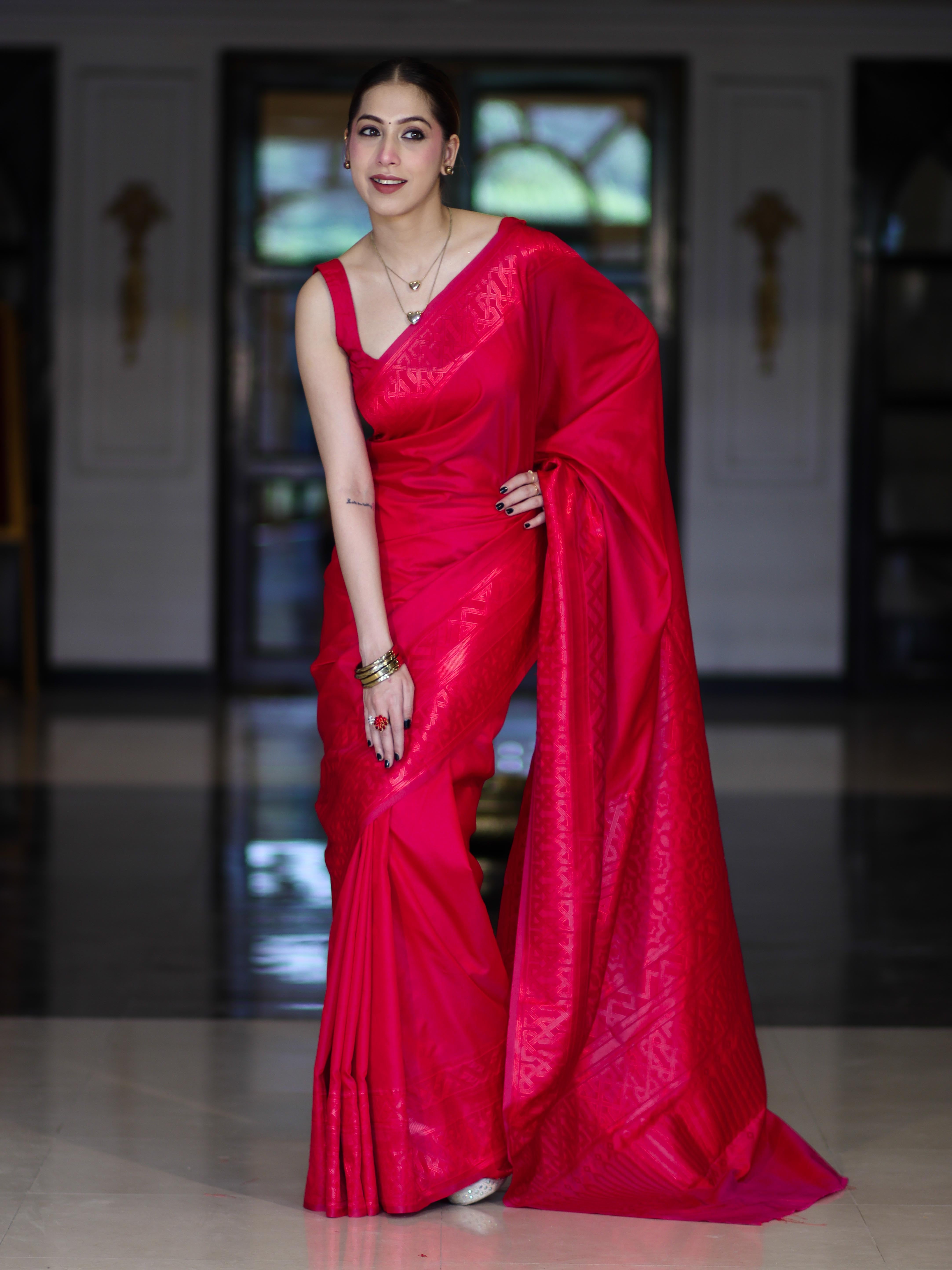 Banarasee Dual Tone Semi Katan Saree With Self Weaving Resham Border-Pink (Red Tone)