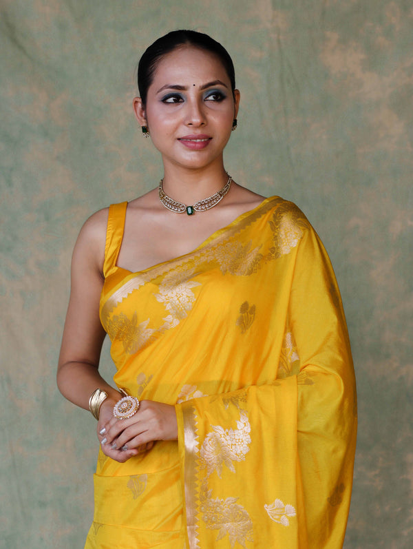 Banarasee Handloom Semi Silk Saree With Sona Rupa Zari Buta Design & Border-Yellow