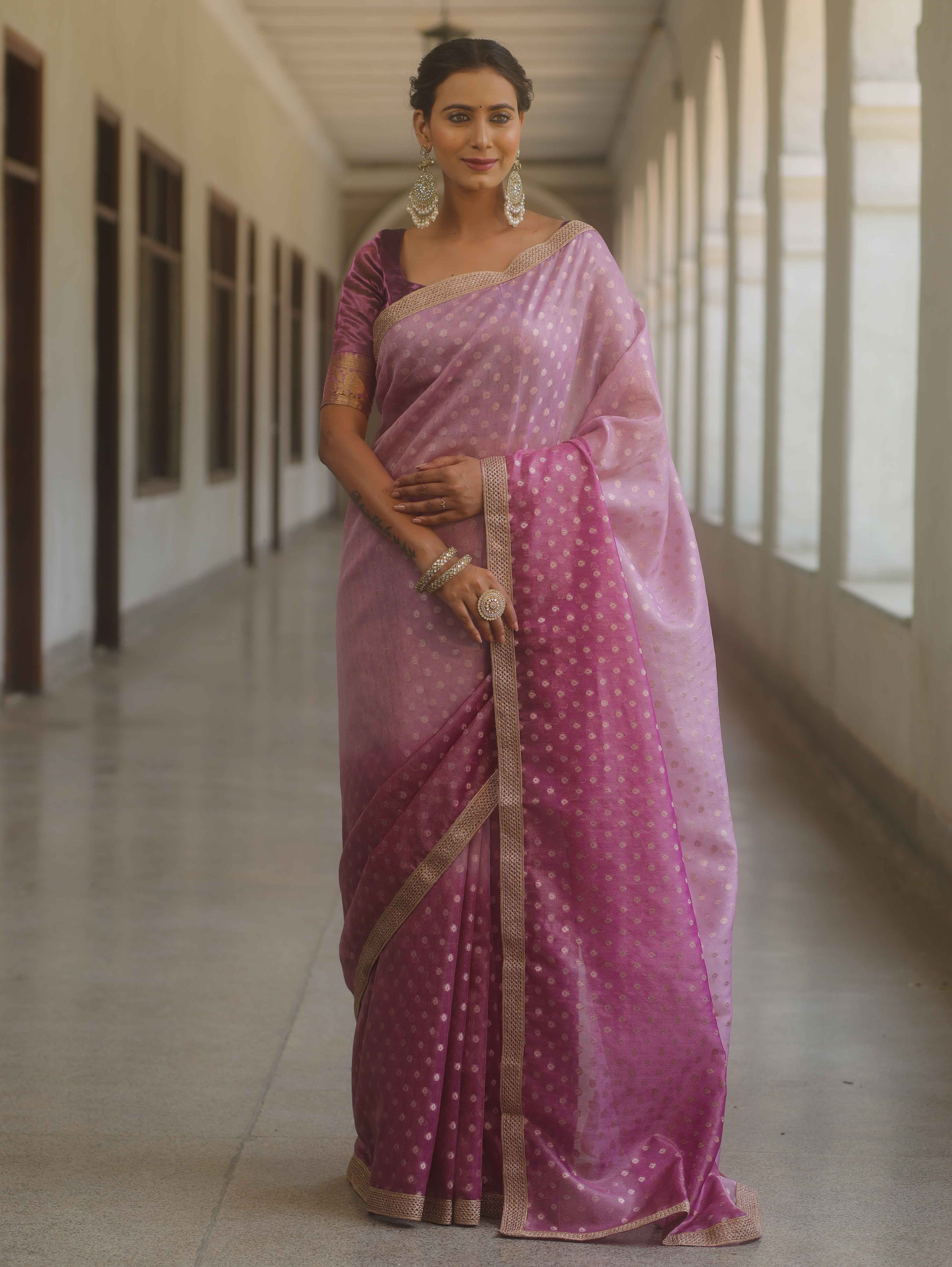 Banarasee Handwoven Tissue Dual Color Saree With Zari Buta & Lace-Purple