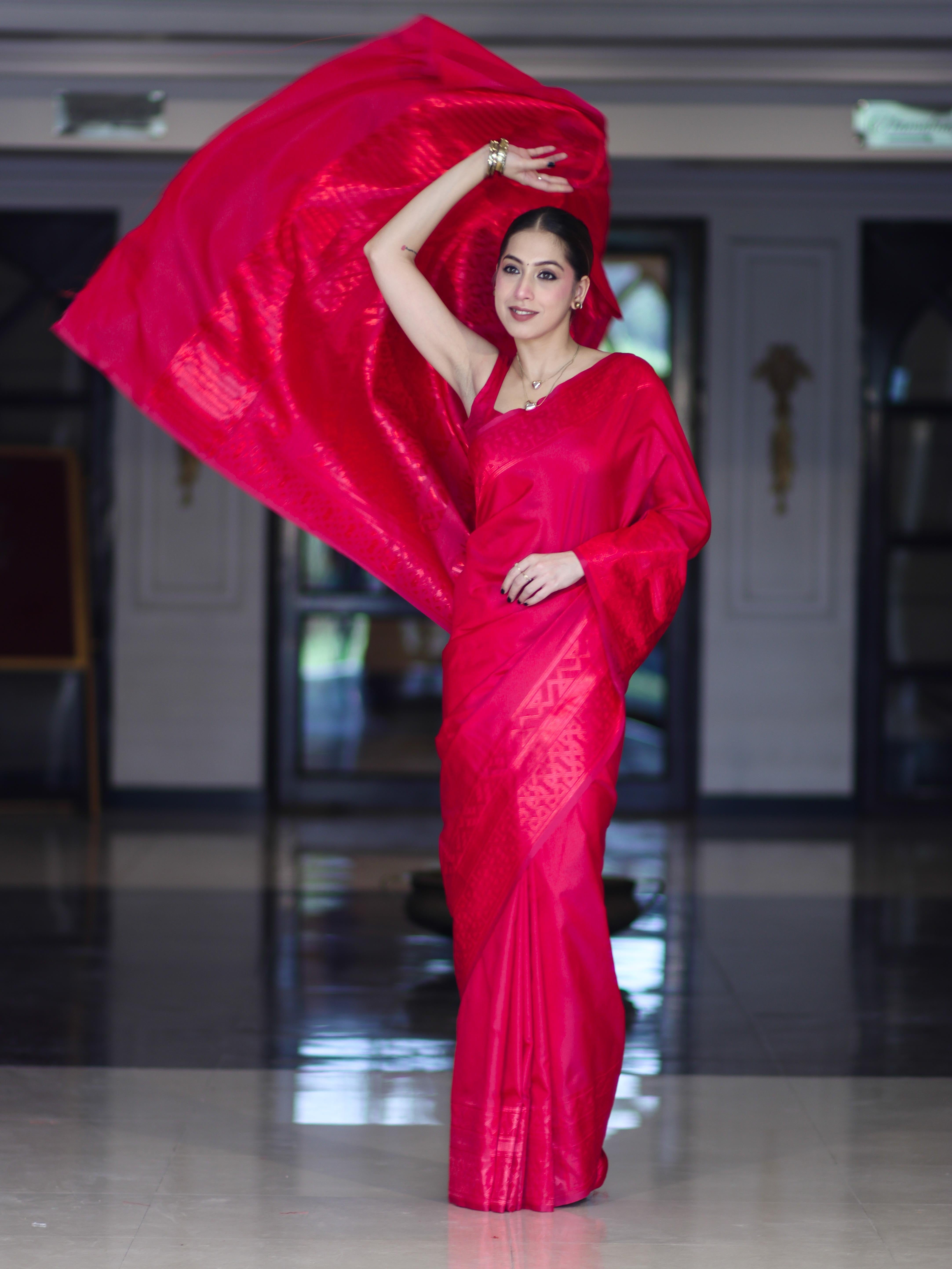 Banarasee Dual Tone Semi Katan Saree With Self Weaving Resham Border-Pink (Red Tone)