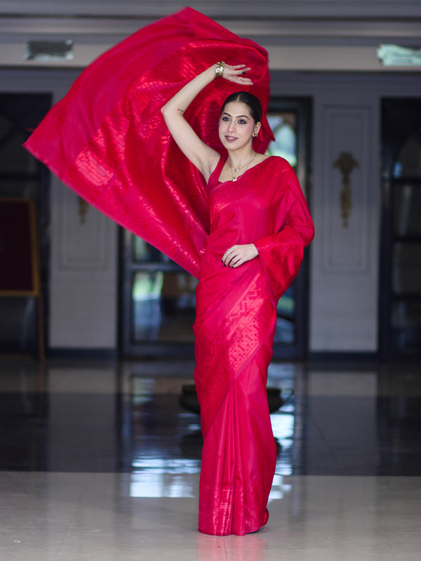 Banarasee Dual Tone Semi Katan Saree With Self Weaving Resham Border-Pink (Red Tone)