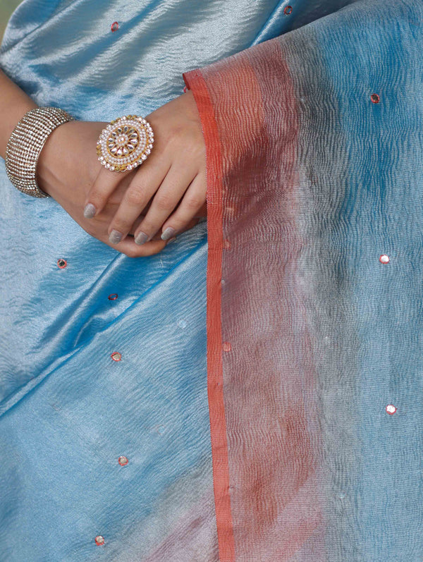 Banarasee Handwoven Crushed Tissue Saree With Mirror Work & Contrast Border-Sky Blue