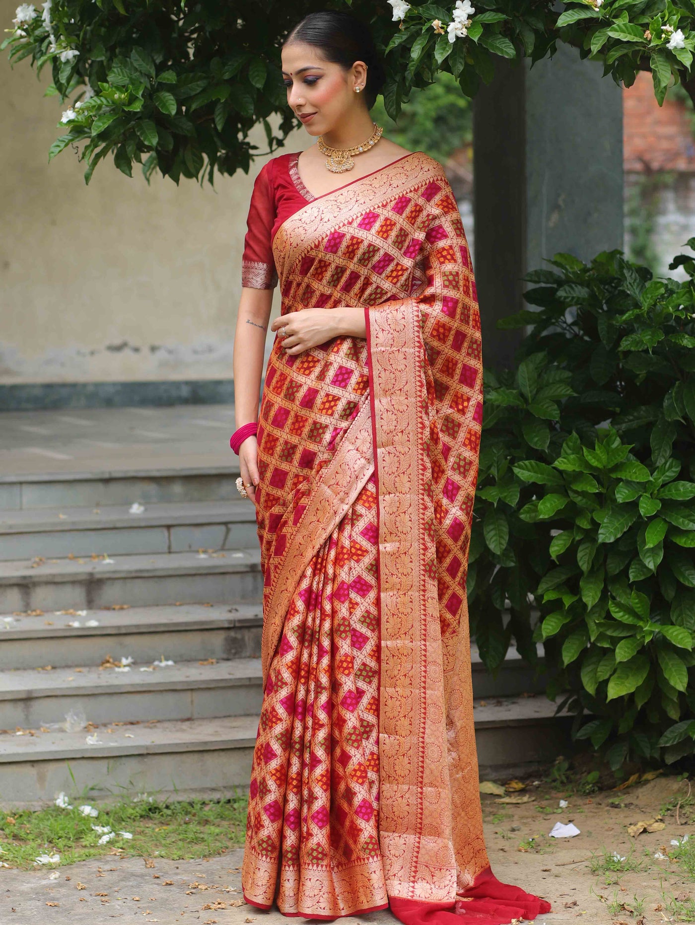 Brown - Handwoven Zari Jaal Work Mulberry x Muga Silk Heavy Banarasi Saree 01 main image 1