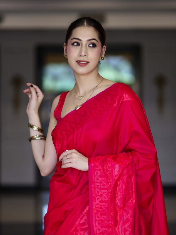 Banarasee Dual Tone Semi Katan Saree With Self Weaving Resham Border-Pink (Red Tone)