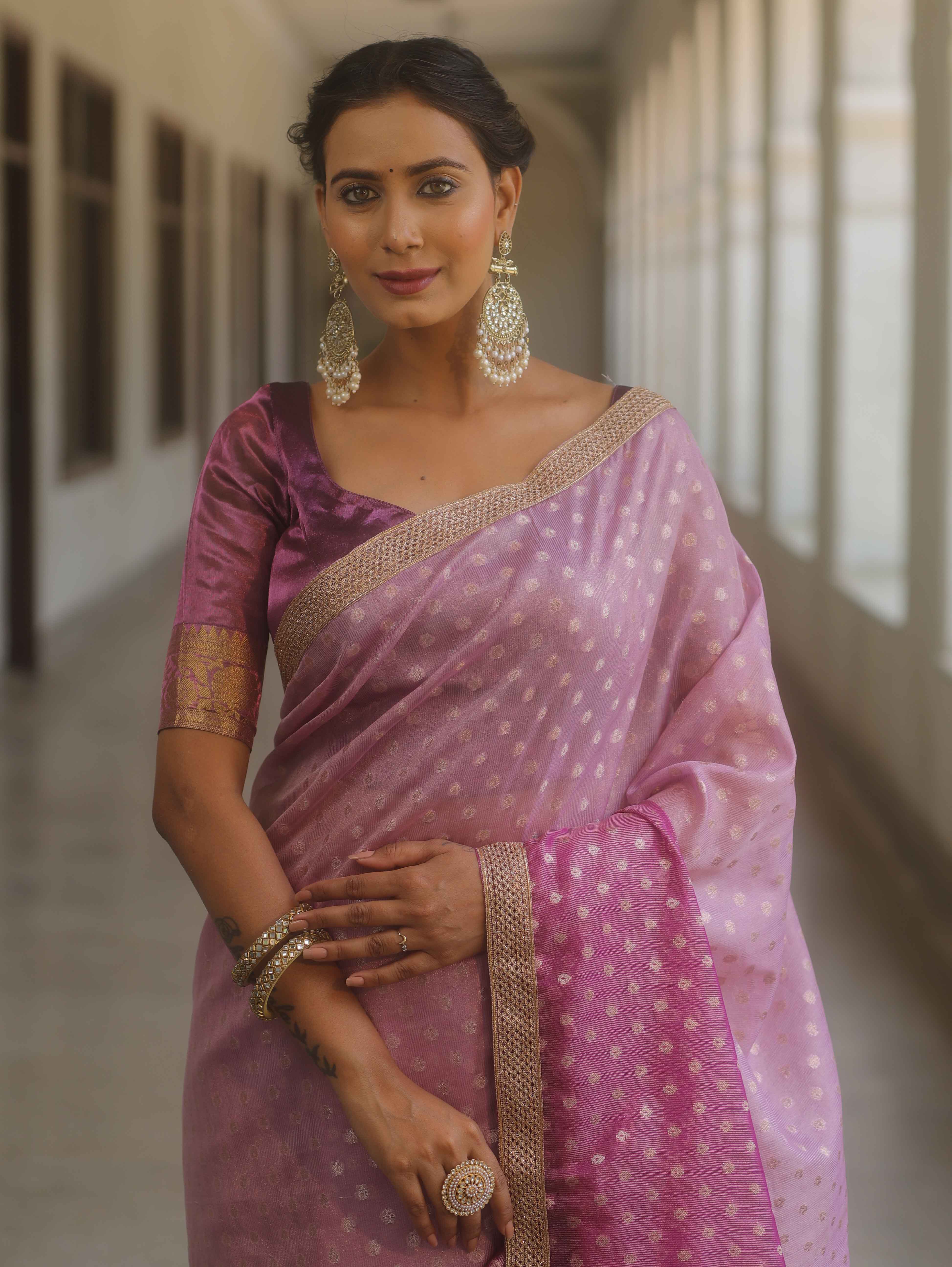 Banarasee Handwoven Tissue Dual Color Saree With Zari Buta & Lace-Purple