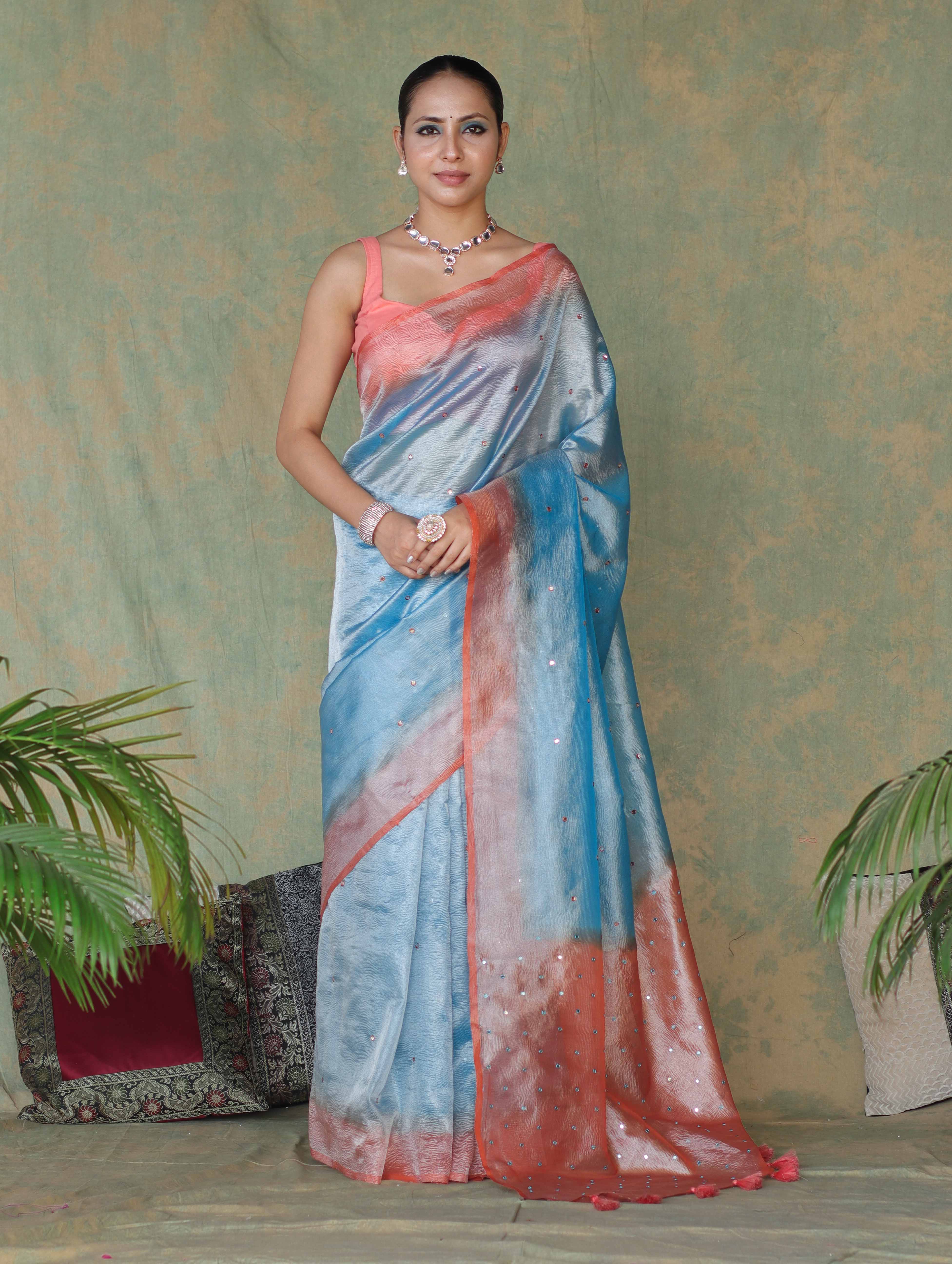 Banarasee Handwoven Crushed Tissue Saree With Mirror Work & Contrast Border-Sky Blue