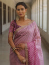 Banarasee Handwoven Tissue Dual Color Saree With Zari Buta & Lace-Purple