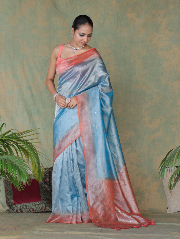 Banarasee Handwoven Crushed Tissue Saree With Mirror Work & Contrast Border-Sky Blue