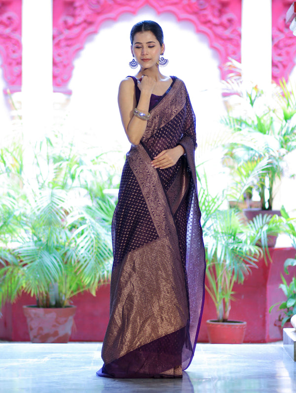 Banarasee Semi-Chiffon Saree With Antique Gold Zari Work-Violet