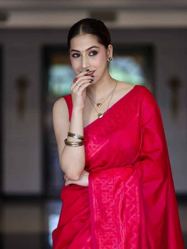 Banarasee Dual Tone Semi Katan Saree With Self Weaving Resham Border-Pink (Red Tone)