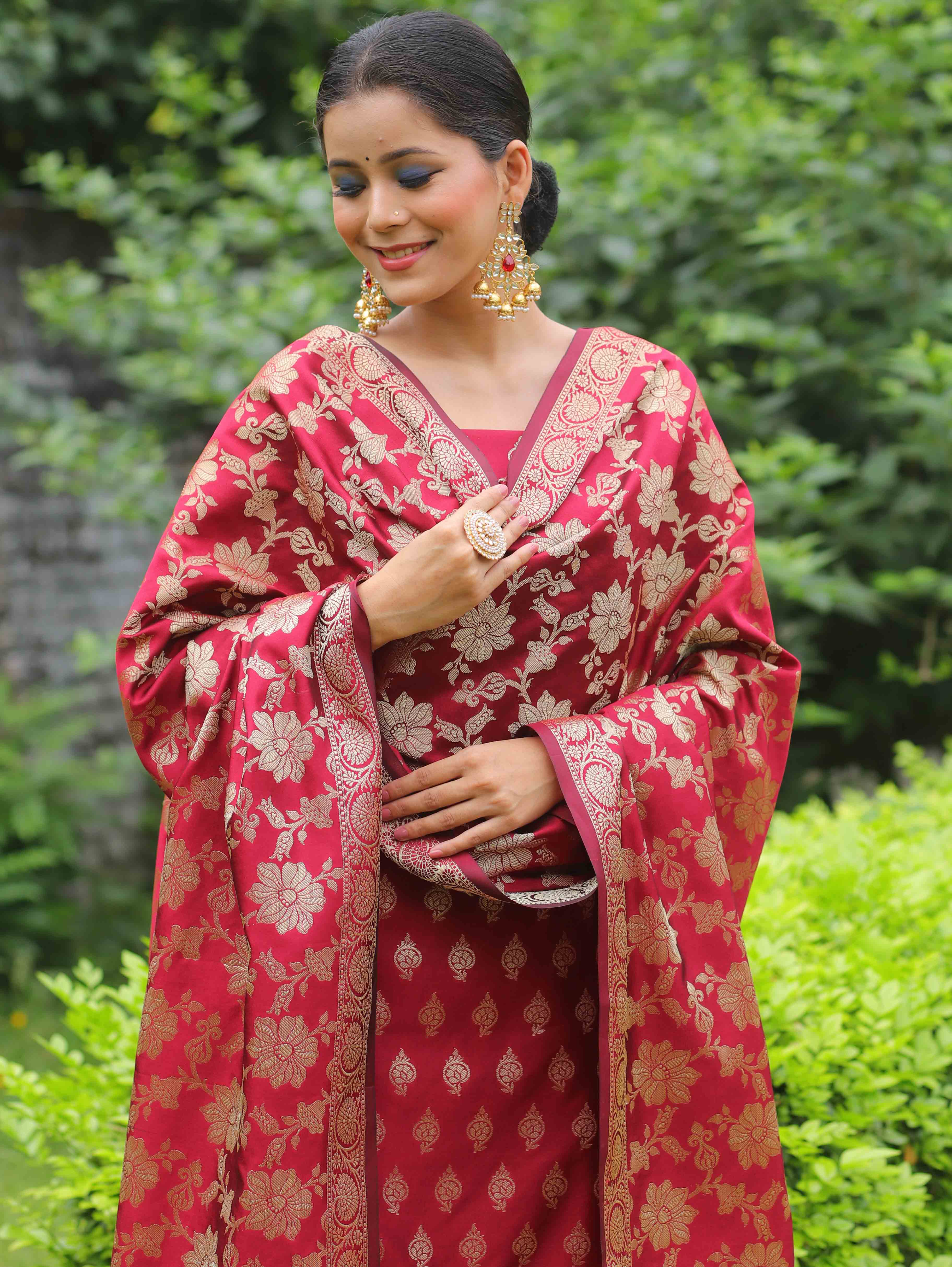 Banarasee Cotton Silk Salwar Kameez Fabric With Zari Work-Maroon