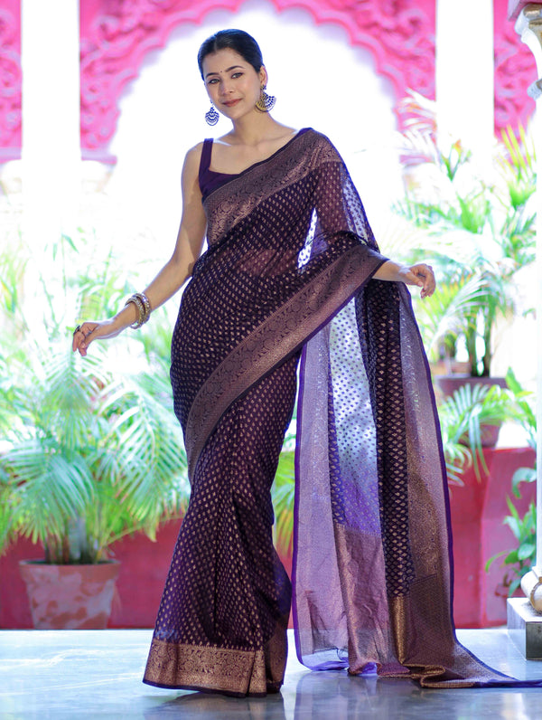 Banarasee Semi-Chiffon Saree With Antique Gold Zari Work-Violet