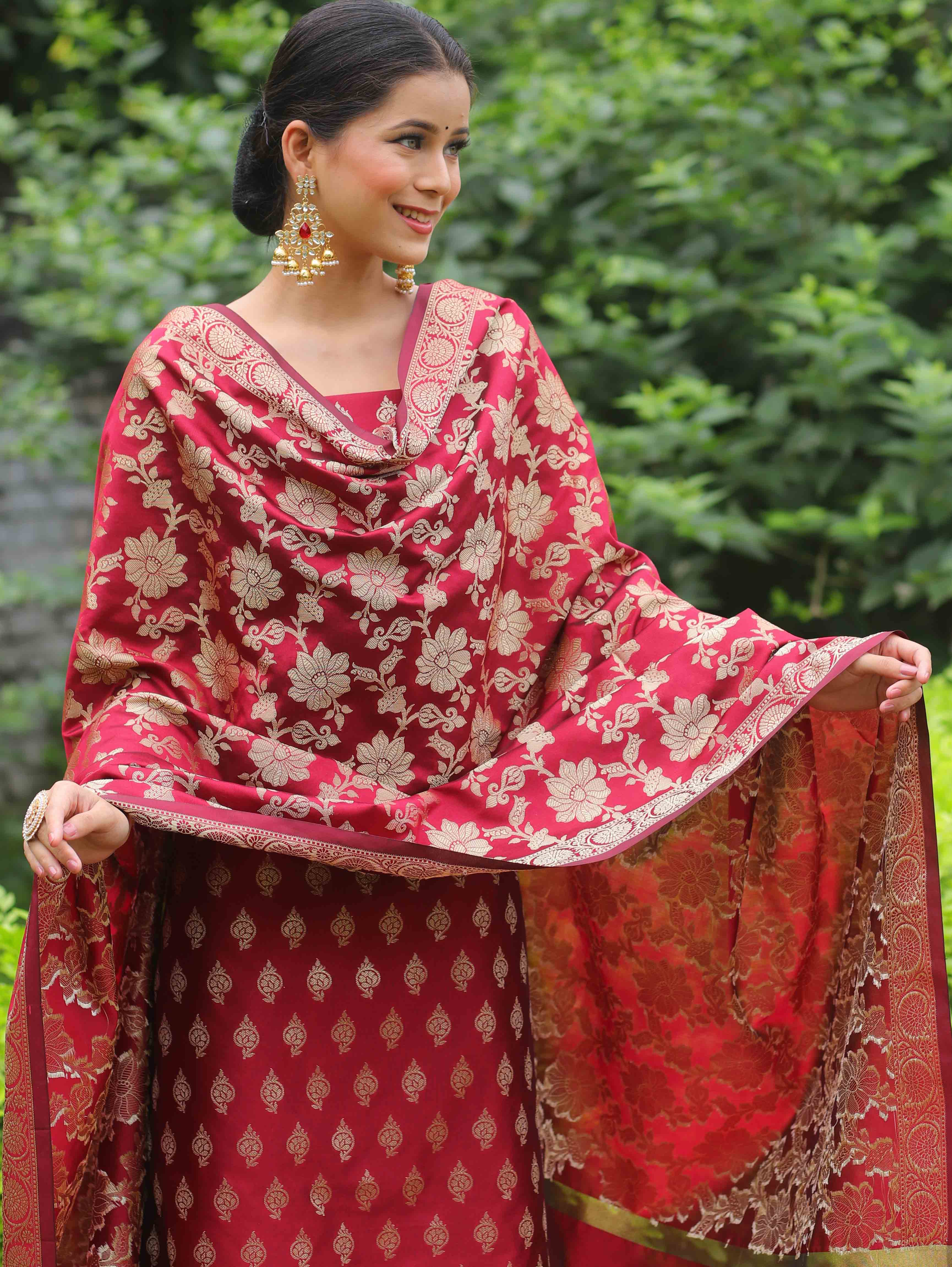 Banarasee Cotton Silk Salwar Kameez Fabric With Zari Work-Maroon