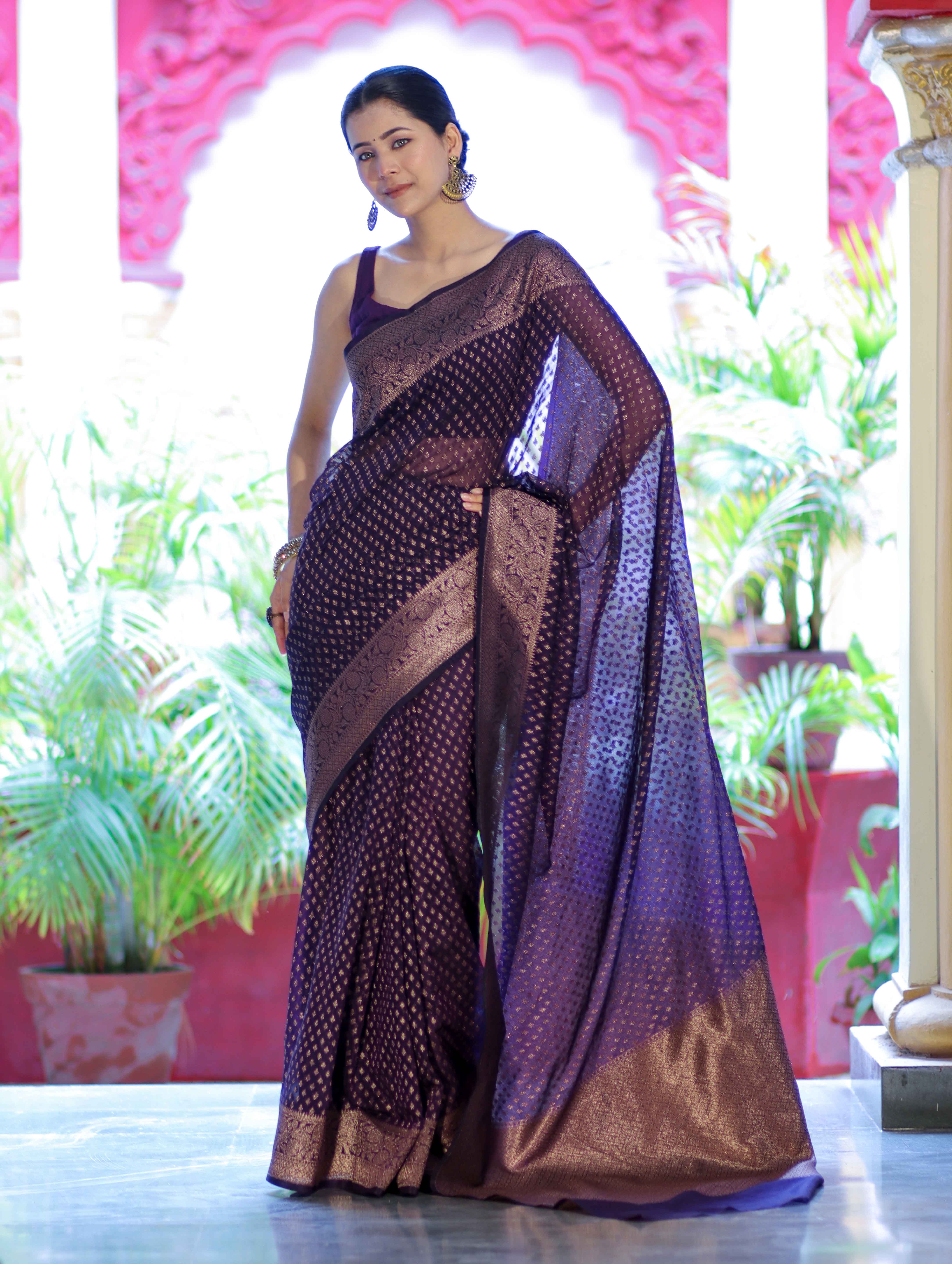 Banarasee Semi-Chiffon Saree With Antique Gold Zari Work-Violet