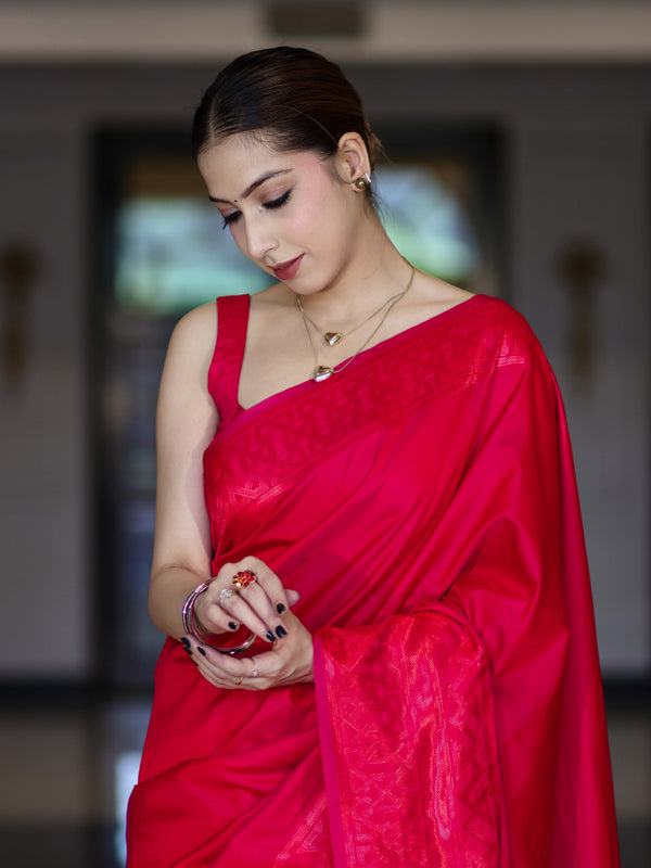 Banarasee Dual Tone Semi Katan Saree With Self Weaving Resham Border-Pink (Red Tone)