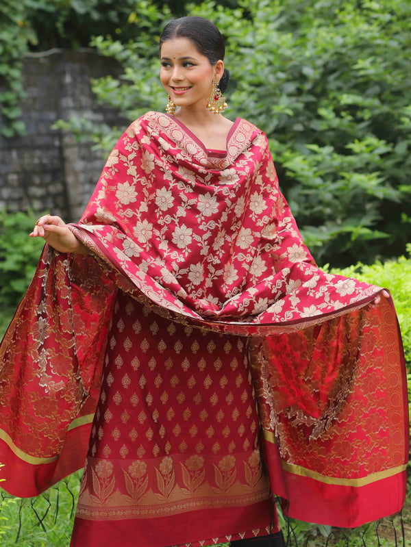 Banarasee Cotton Silk Salwar Kameez Fabric With Zari Work-Maroon