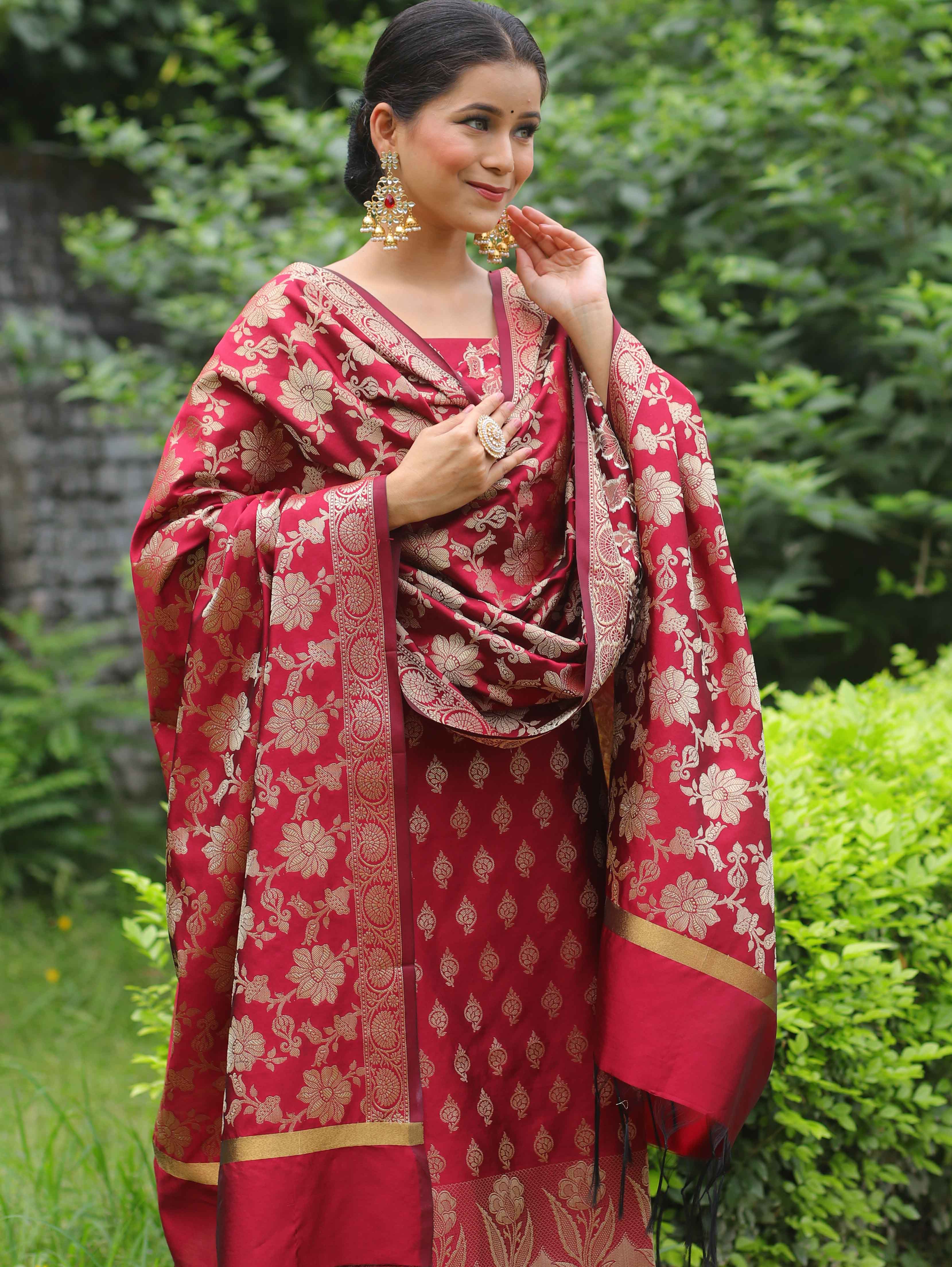 Banarasee Cotton Silk Salwar Kameez Fabric With Zari Work-Maroon