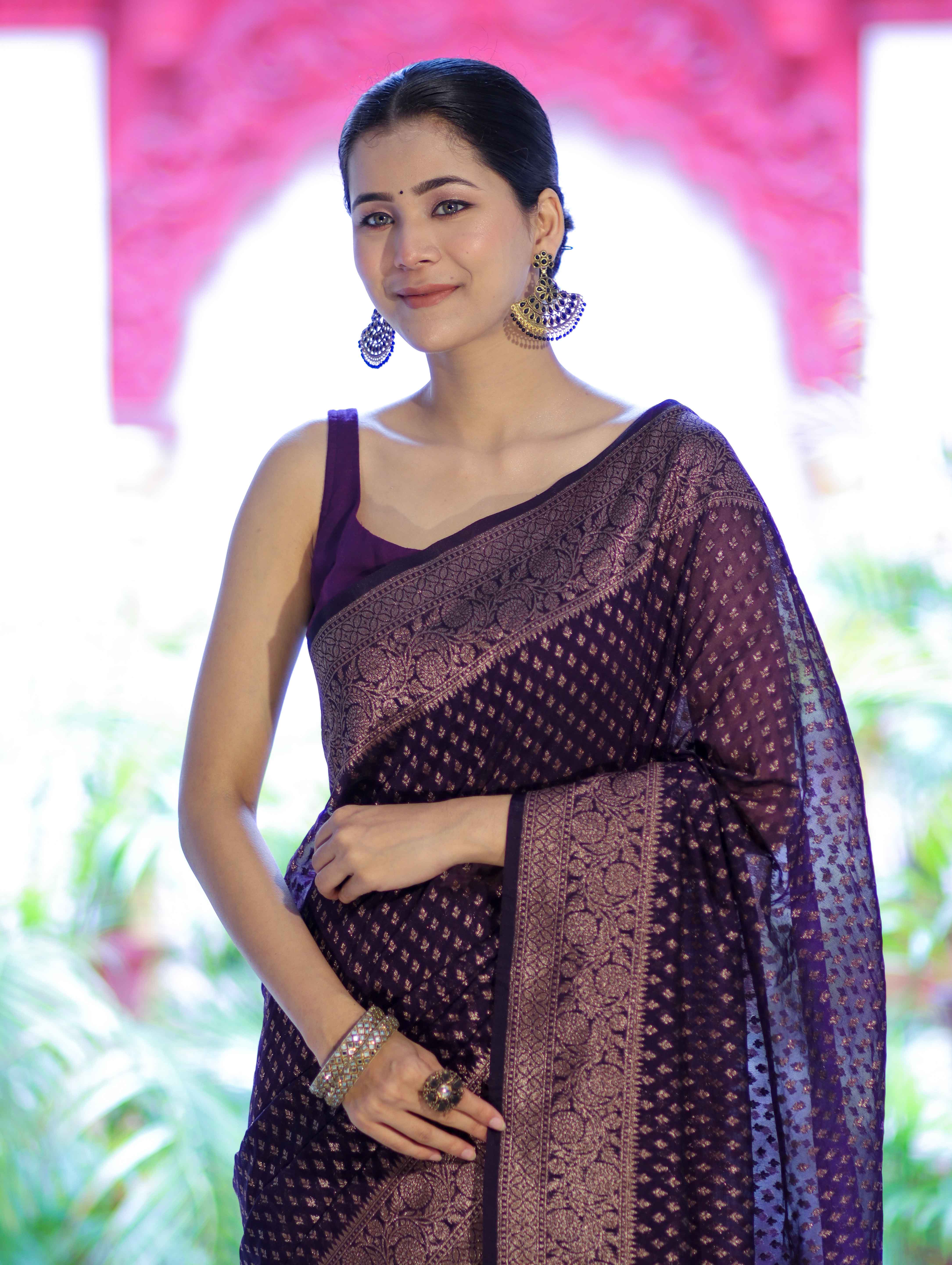 Banarasee Semi-Chiffon Saree With Antique Gold Zari Work-Violet