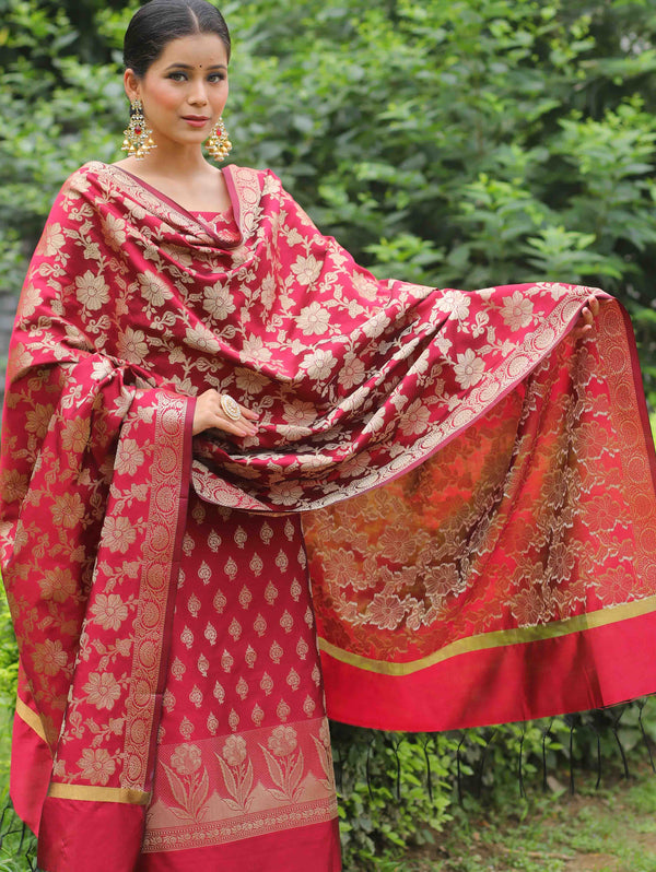 Banarasee Cotton Silk Salwar Kameez Fabric With Zari Work-Maroon