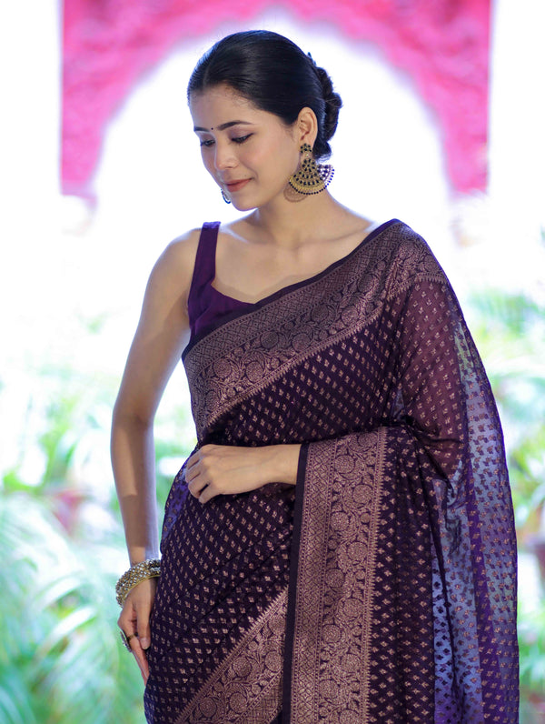 Banarasee Semi-Chiffon Saree With Antique Gold Zari Work-Violet
