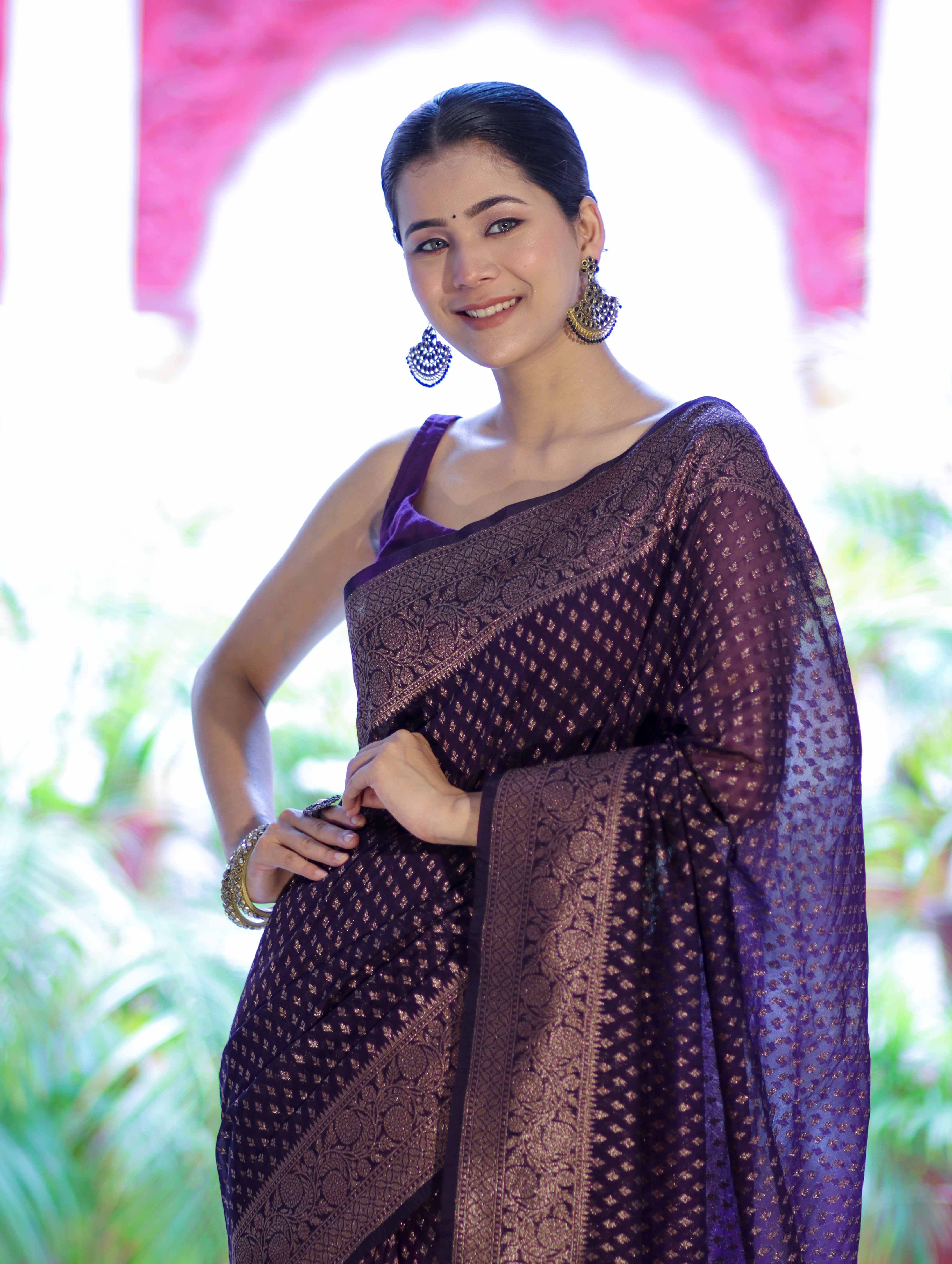 Banarasee Semi-Chiffon Saree With Antique Gold Zari Work-Violet