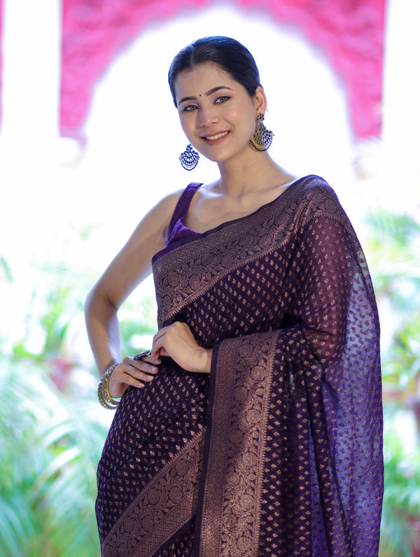 Banarasee Semi-Chiffon Saree With Antique Gold Zari Work-Violet