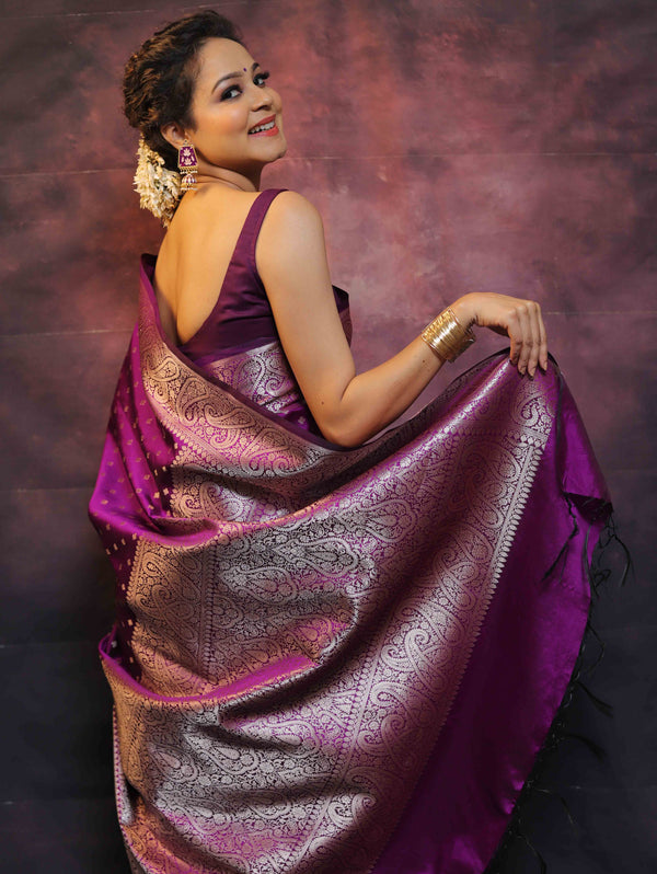 Banarasee Handwoven Semi Silk Saree With Zari Work-Violet
