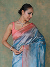Banarasee Handwoven Crushed Tissue Saree With Mirror Work & Contrast Border-Sky Blue