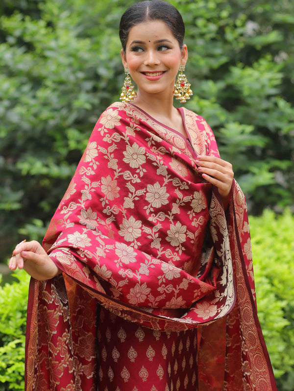 Banarasee Cotton Silk Salwar Kameez Fabric With Zari Work-Maroon